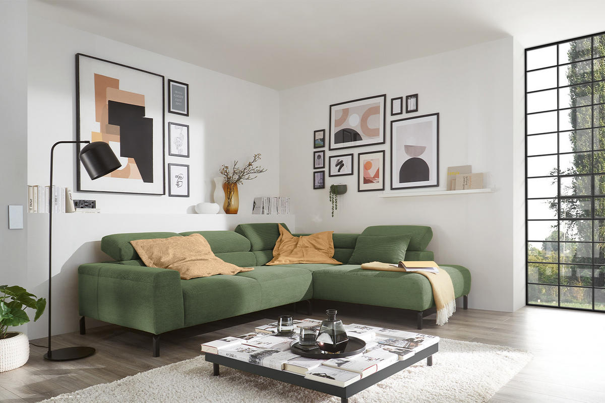 ECKSOFA MIT MOTORISCHEM SITZVORZUG DELIA Grün Cord - Schwarz/Grün, Textil/Metall (276/219cm) - KAWOLA
