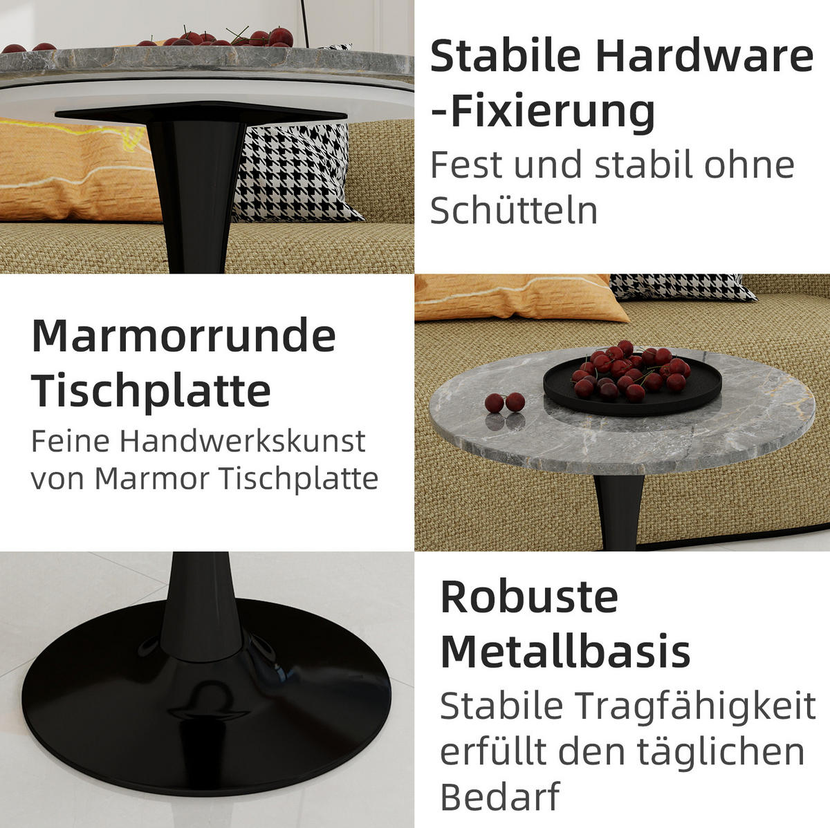 BEISTELLTISCH 70/70/72 cm mit runder Tischplatte in Marmoroptik und schlanken hohen Beinen, Schwarz, Grau - Grau, Stein (70/70/72cm) - Redom