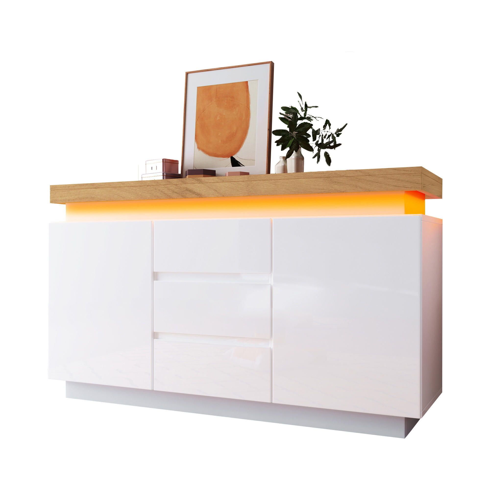 SIDEBOARD in Weiß Hochglanz Sideboard mit Schubladen und LED für Wohnzimmer und Schlafzimmer, B140/T39/H81 cm - Weiß, Holzwerkstoff (140/81/39cm) - STILVORA