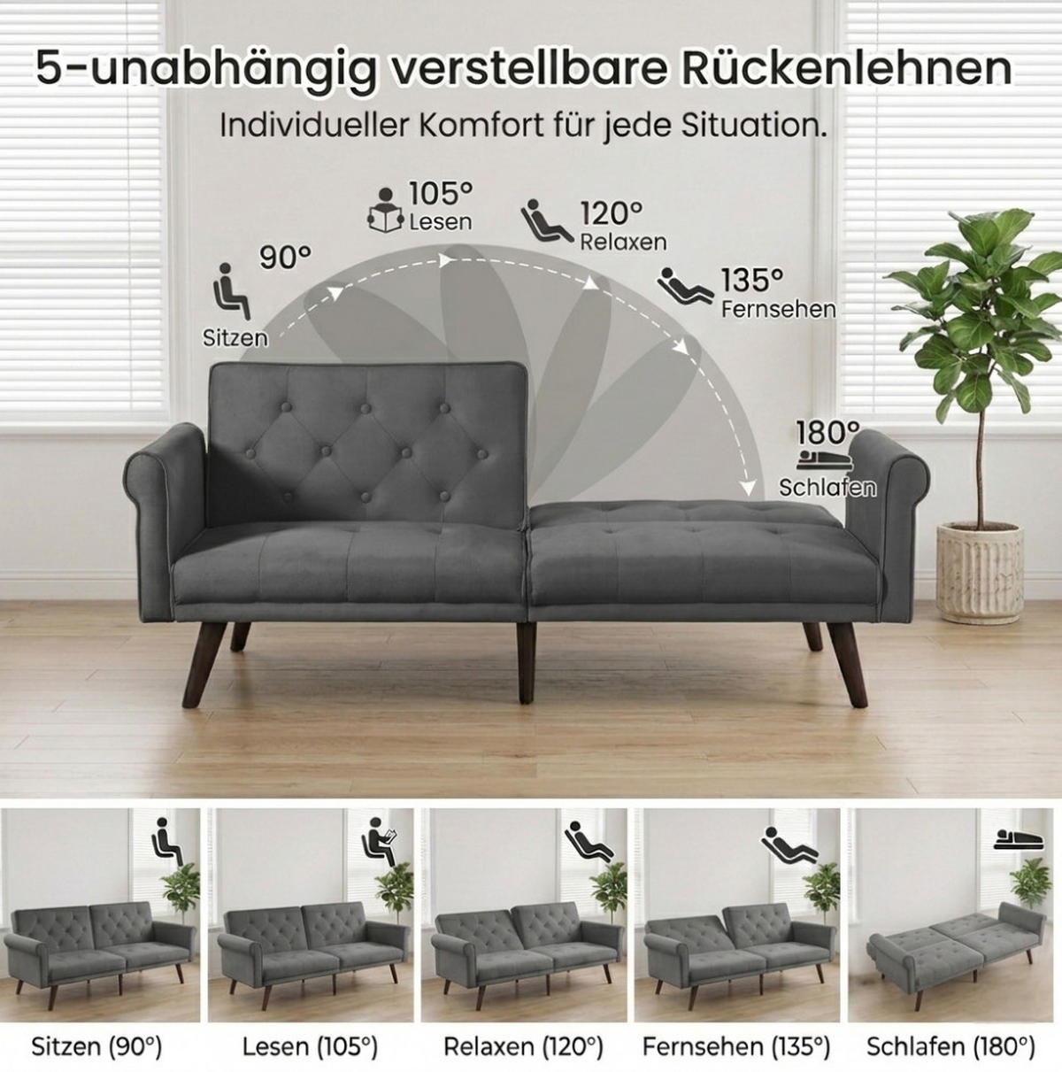 SCHLAFSOFA aus Samt in Grau mit verstellbaren Rückenlehnen - Grau, Textil (172/70/89cm) - Modfu