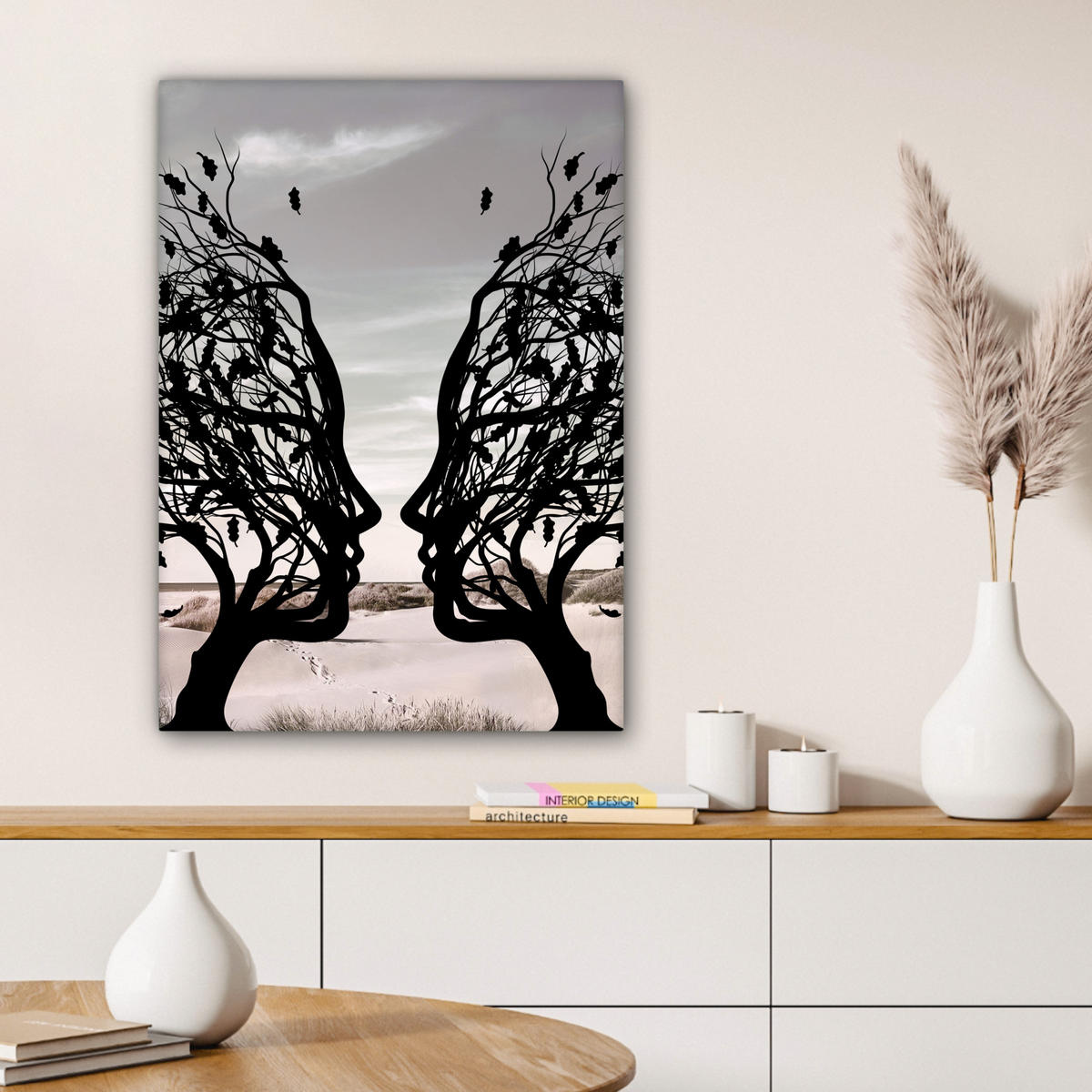 LEINWANDBILD Strand - Meer - Menschen - Baum - Moderne Kunst 60x80 cm - Hellgrau, Textil (60/80cm) - MuchoWow