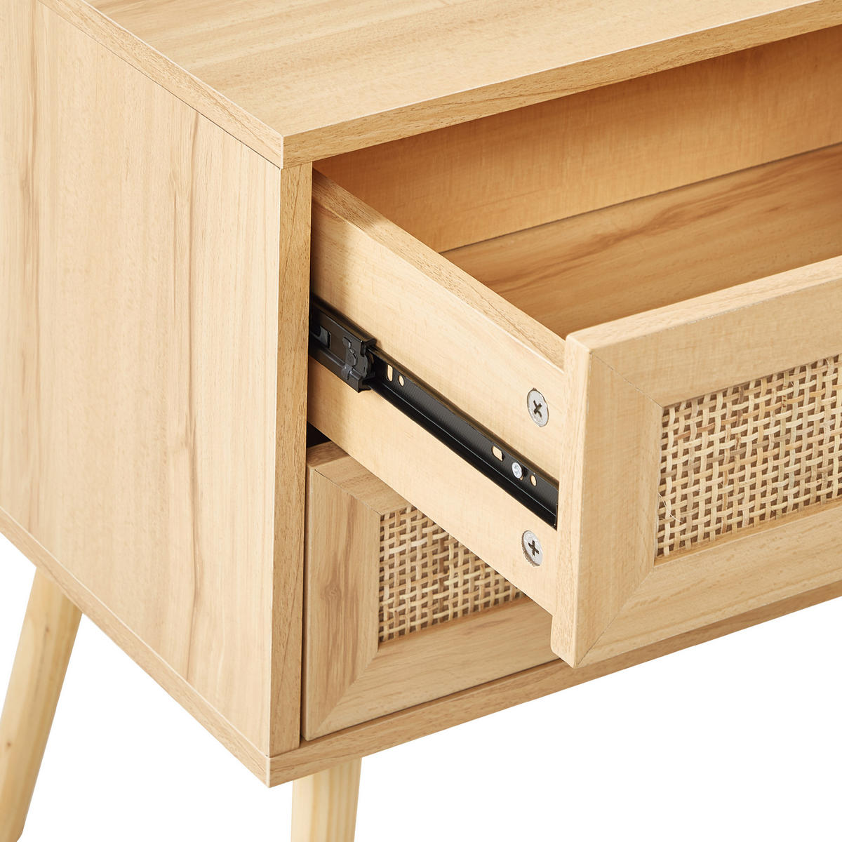 NACHTTISCH Rattan hellbraun 2 Schubladen Perote - Hellbraun/Goldfarben, Naturmaterialien (57/57/48cm) - Beliani
