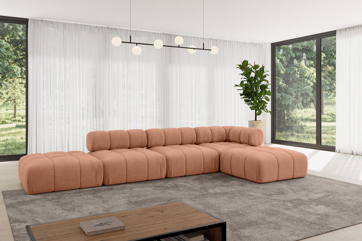 ECKSOFA modulares Sofa Kerru-L2 - 380x190x70 cm Apricot Velours - Koralle, Holzwerkstoff/Textil (380/190cm) - ALTDECOR