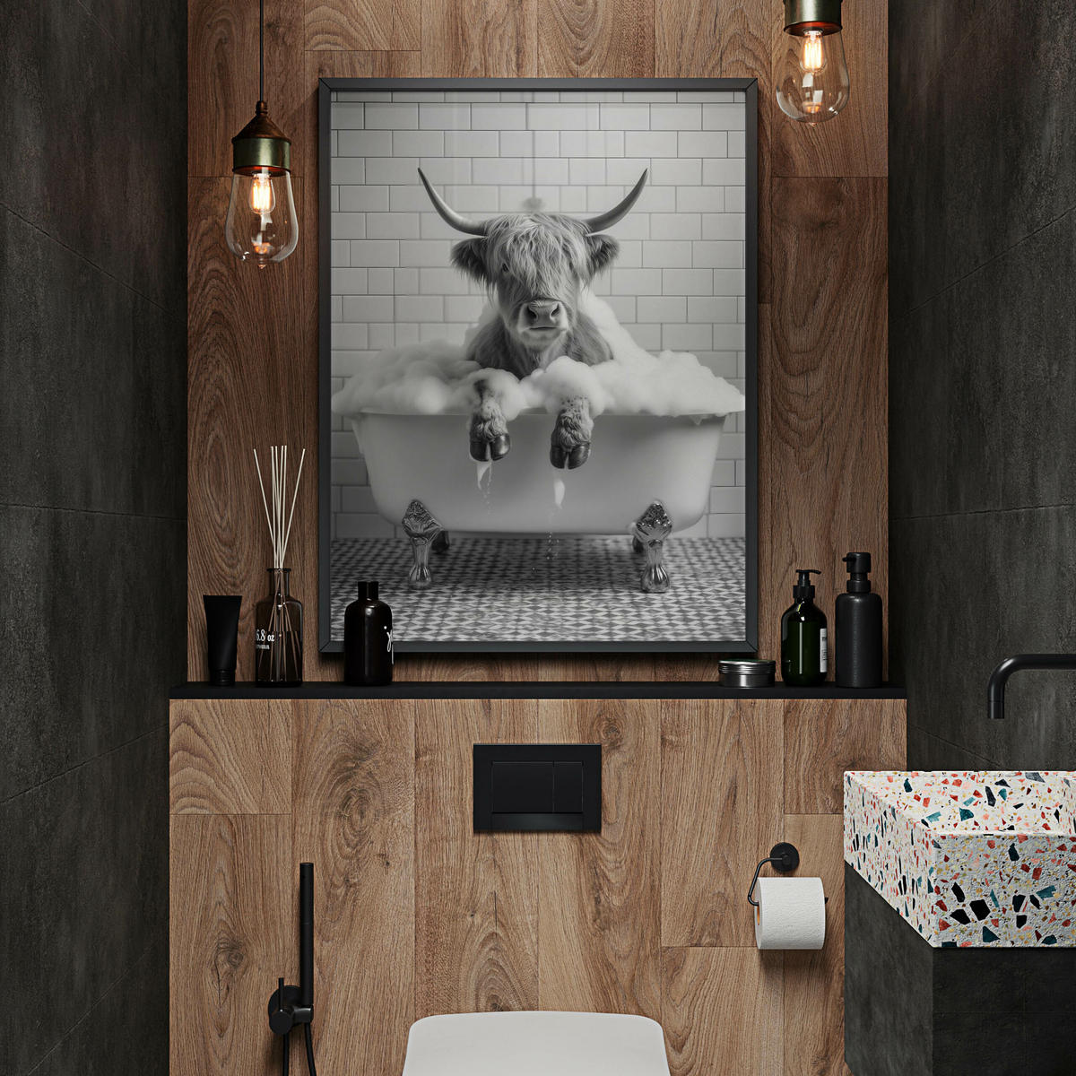 POSTER für WC Badezimmer SCHOTTISCHE KUH in Badewanne Schwarz-Weiß Abstraktion 30x40cm - Schwarz/Weiß, Papier (30/40/40cm) - Muralo