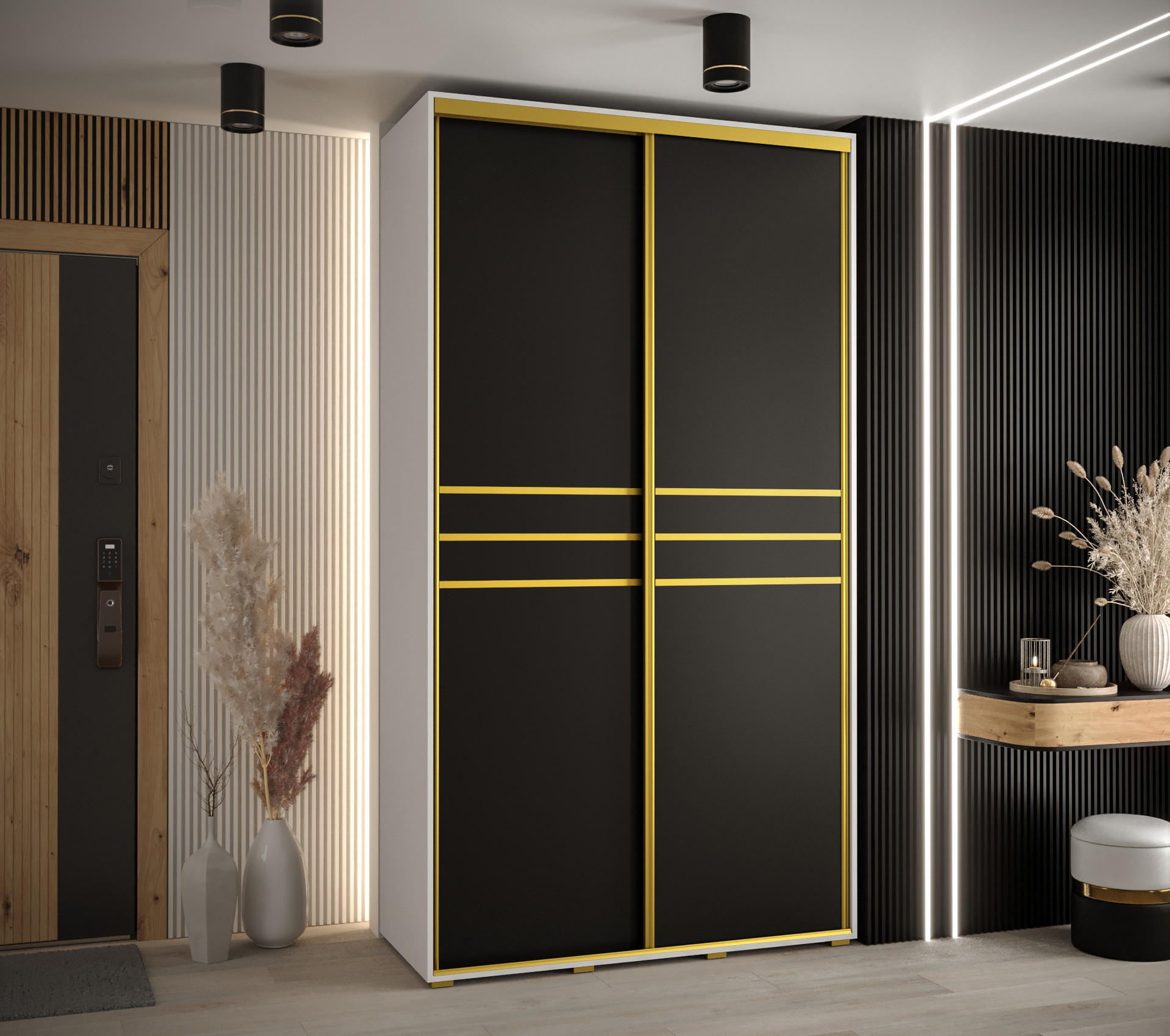 SCHWEBETÜRENSCHRANK 235,2/140/60 2-türig - Goldfarben/Schwarz, Holz/Metall (140/235/60cm) - Abiks Möbel