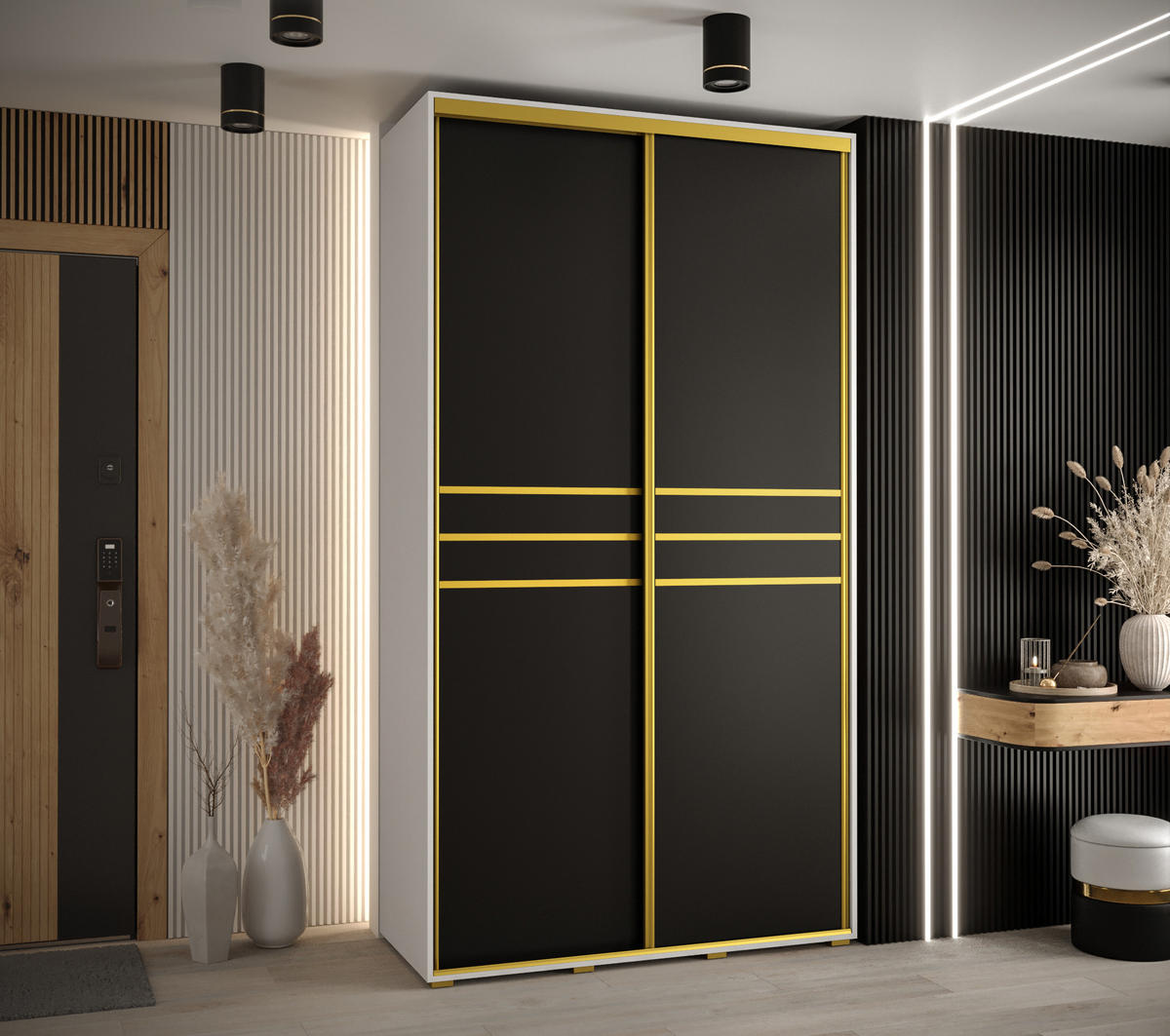 SCHWEBETÜRENSCHRANK 235,2/140/45 2-türig - Goldfarben/Schwarz, Holz/Metall (140/235/45cm) - Abiks Möbel