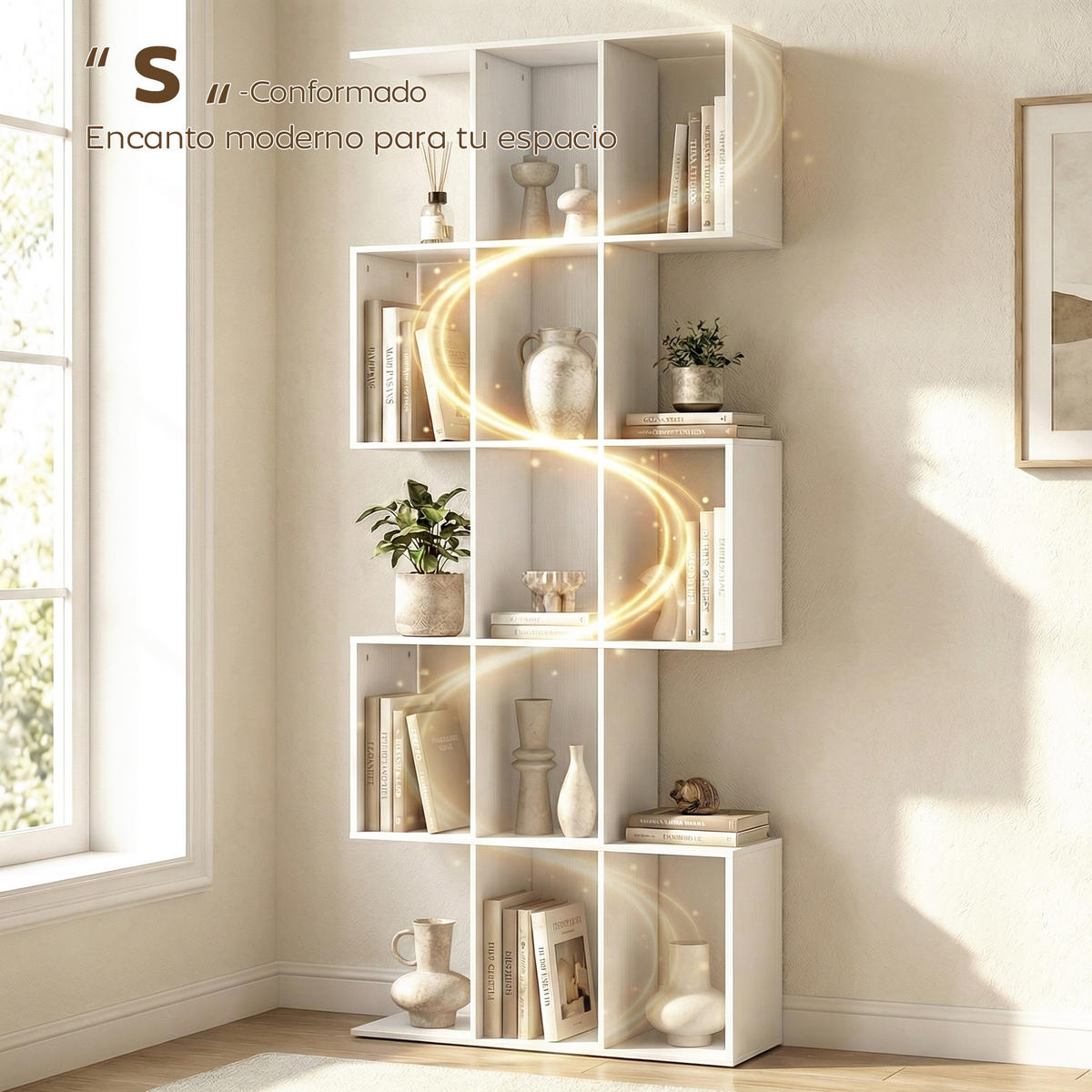 BÜCHERREGAL,5-STUFIG S-förmig 80x24x200cm,weiß - Weiß, Holzwerkstoff (80/200/24cm) - Vallsero