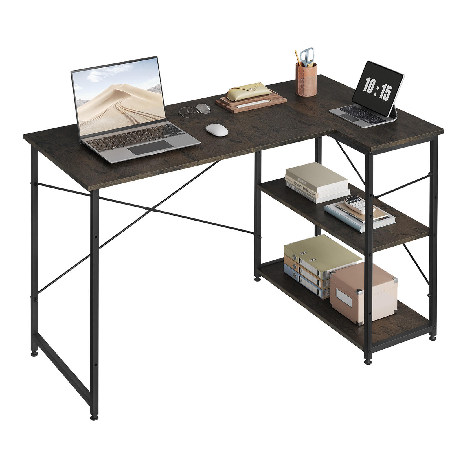 SCHREIBTISCH mit 2 Ablagen,120x74x71,5 cm, Schwarz-Rostfarbe - Rostfarben/Schwarz, Holzwerkstoff/Metall (74/120/71.5cm) - Woltu