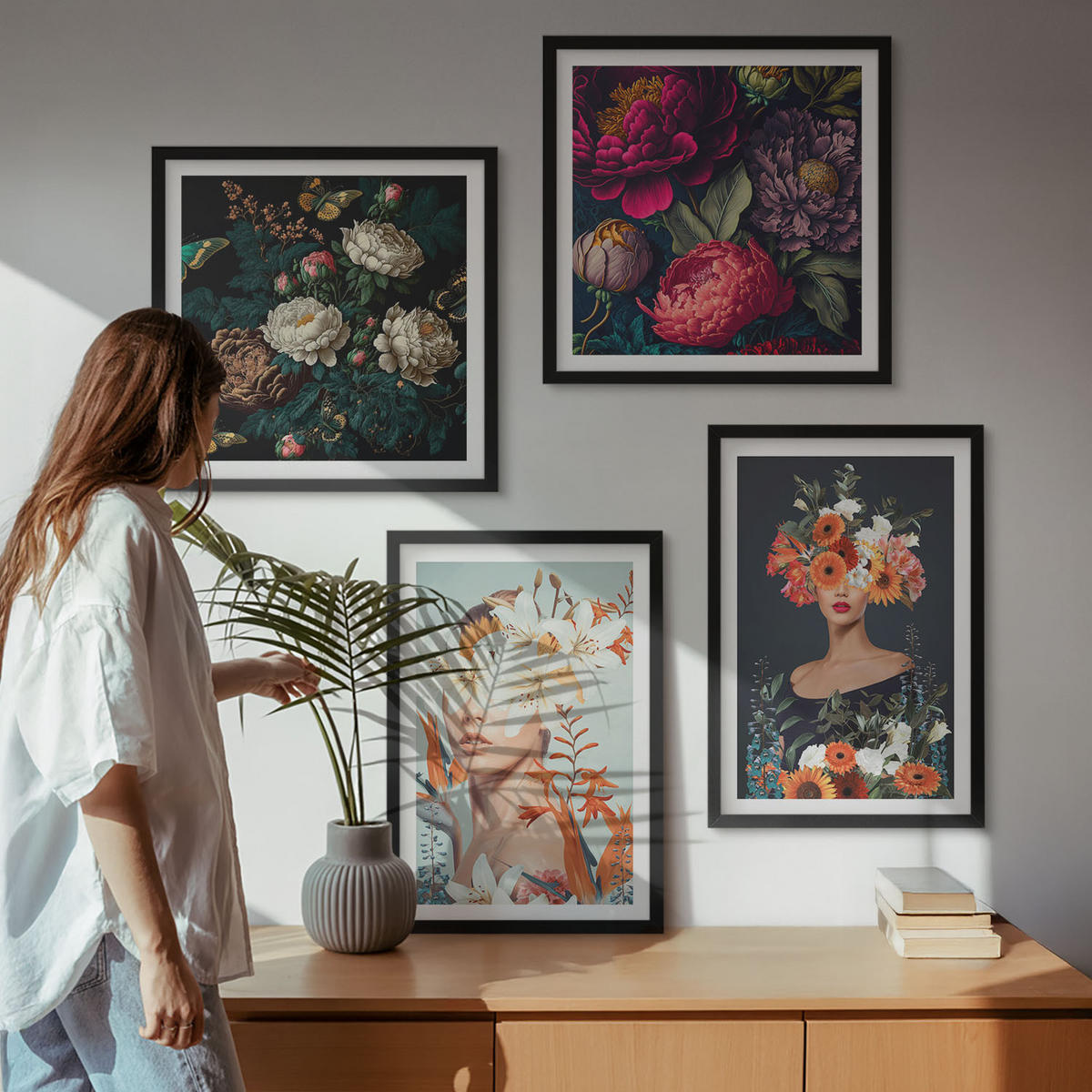 WANDBILDER 4er-Set - 50x50 cm & 40x60 cm Schwarzer Rahmen - Blumenporträts, Sträuße, Blätter - Schwarz, Kunststoff (50/50cm) - ArtPrintCave