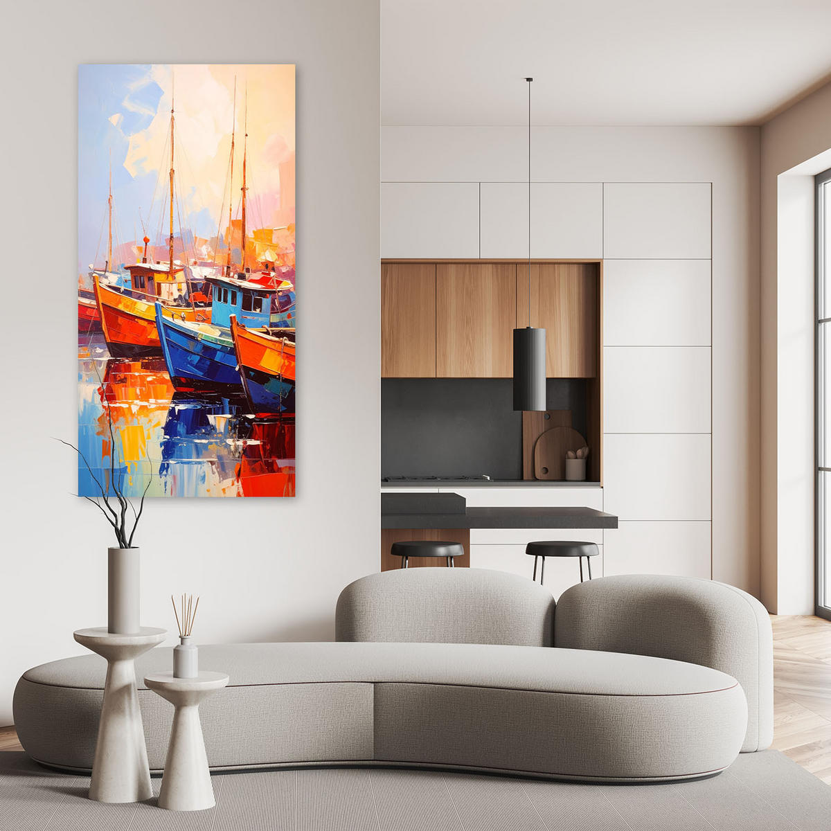 LEINWANDBILD Bunte Boote im Hafen 40x80cm - Multicolor, Textil (40/80cm) - Feeby