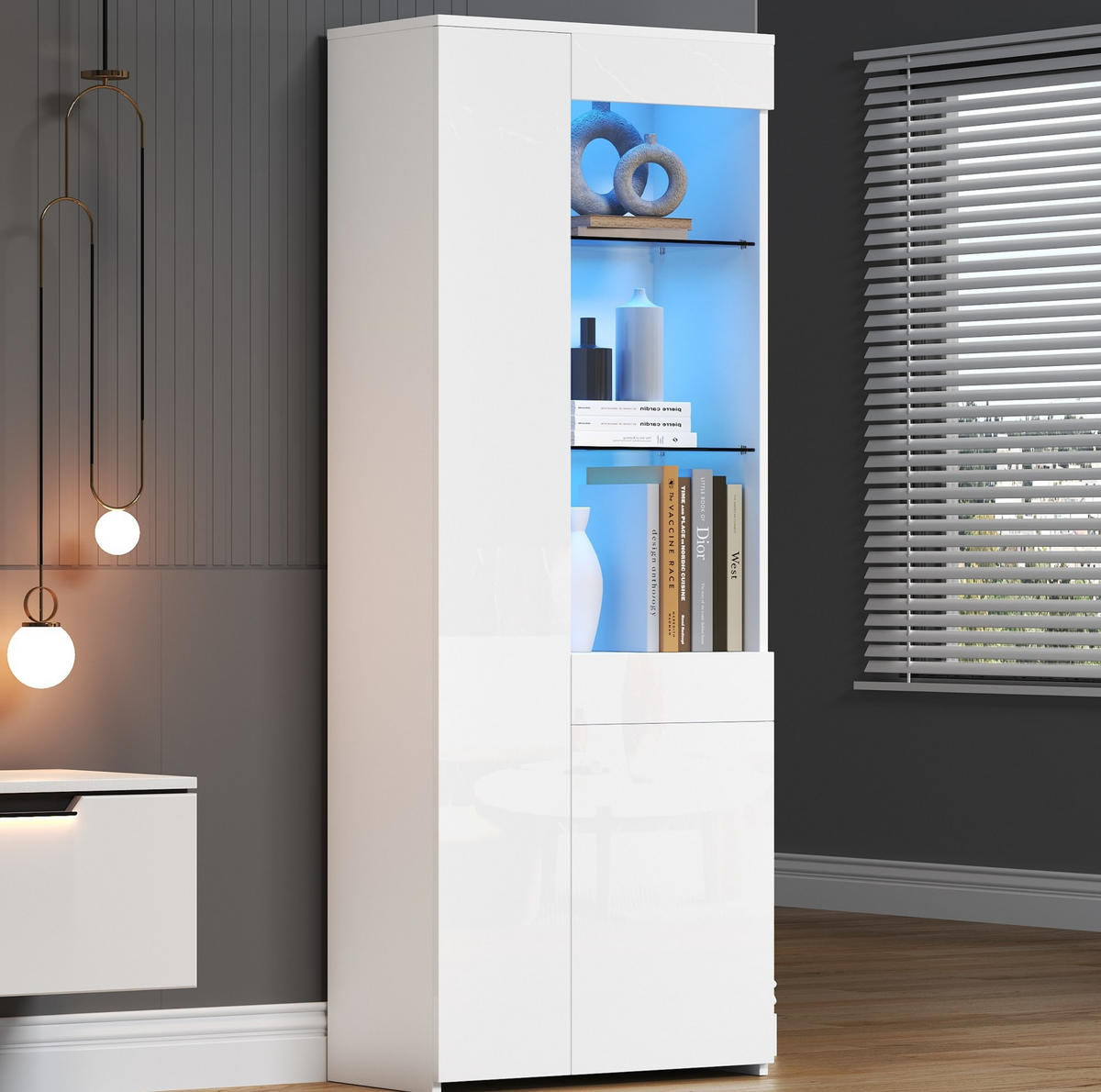VITRINE 70/35/180 cm in Weiß mit LED-Beleuchtung und Schublade - Weiß, Holzwerkstoff (70/180/35cm) - Flora Grace