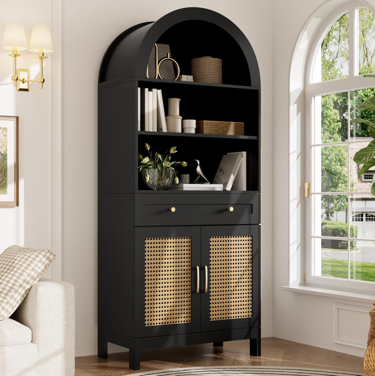VITRINENSCHRANK in Schwarz und Holzoptik 70x40x170 cm mit 2 Türen und Schublade - Schwarz, Holzwerkstoff (40/170/70cm) - IVMEU