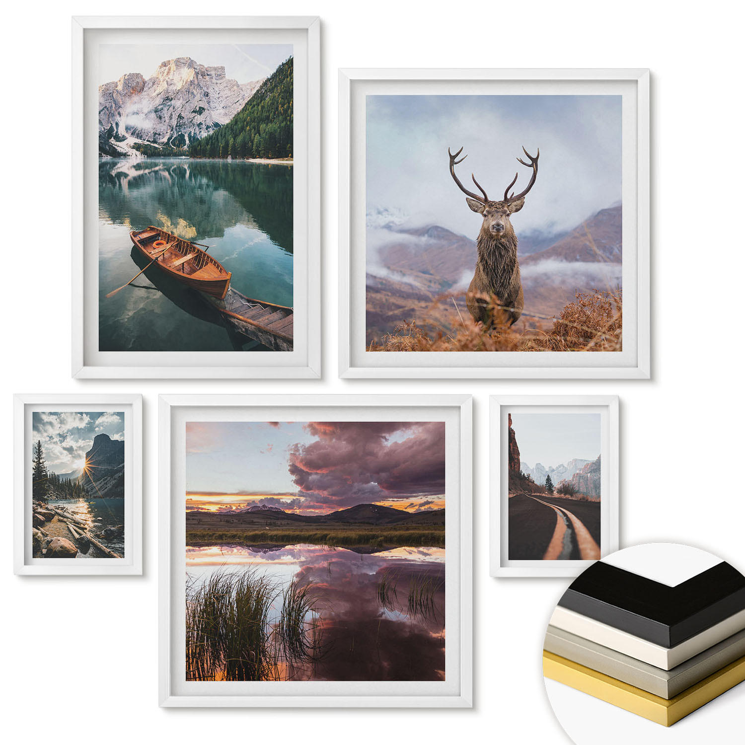 WANDBILDER 5er-Set - 50x50 cm & 20x30 cm & 40x60 cm Weißer Rahmen - Bergsee, Bootsfahrt, Sonnenuntergang, Hirsche - Weiß, Kunststoff (40/60cm) - ArtPrintCave