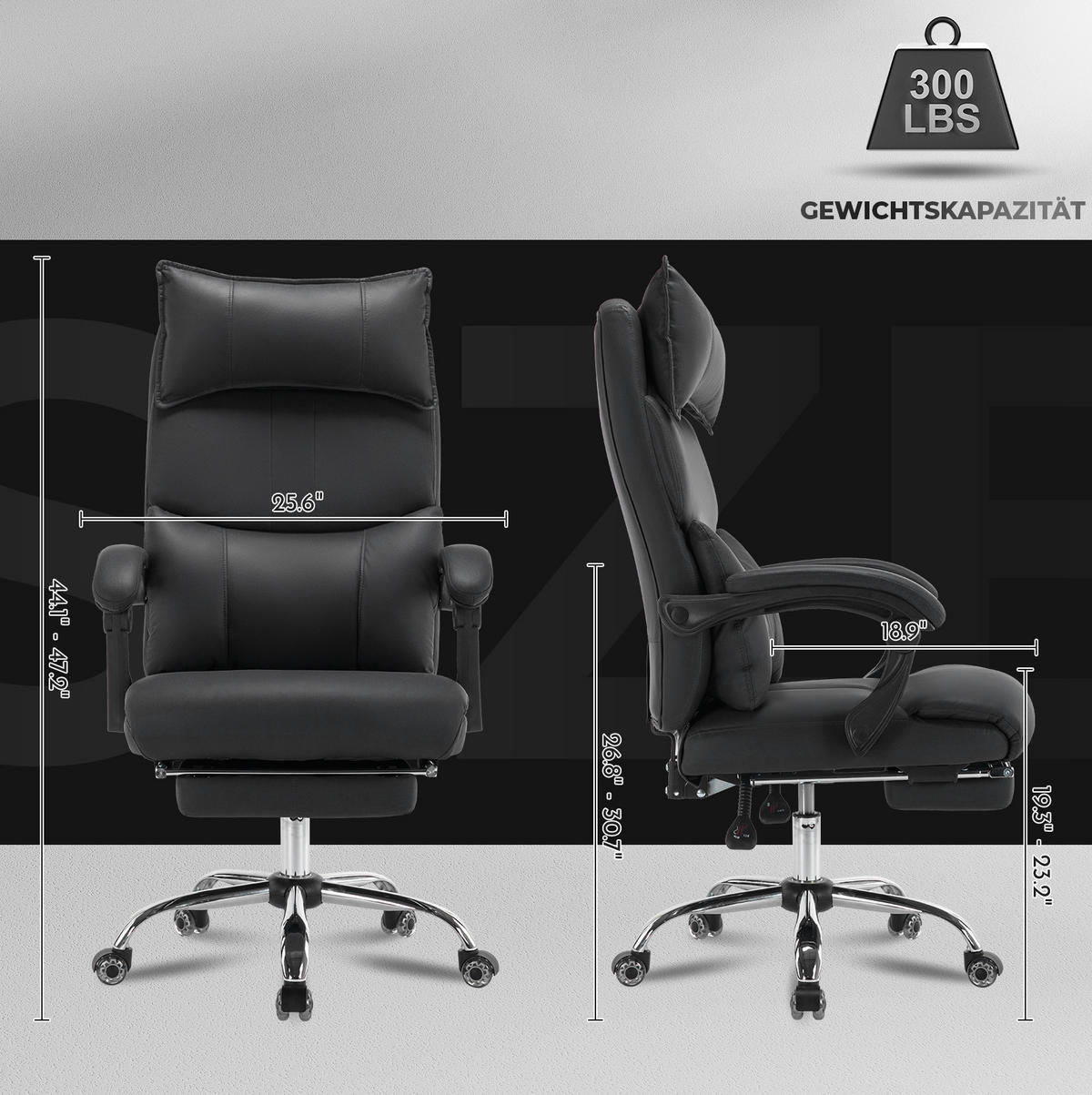 ERGONOMISCHER Bürostuhl in Schwarz 48x65x120 cm mit Fußstütze und verstellbarer Lendenstütze - Schwarz, Textil (65/120/48cm) - IVMEU