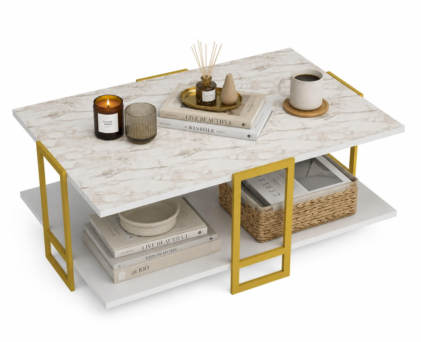 COUCHTISCH Polka Weiss Marmor Gold - Goldfarben/Weiß, Holzwerkstoff (91.5/61.5/36.6cm) - Decorotika