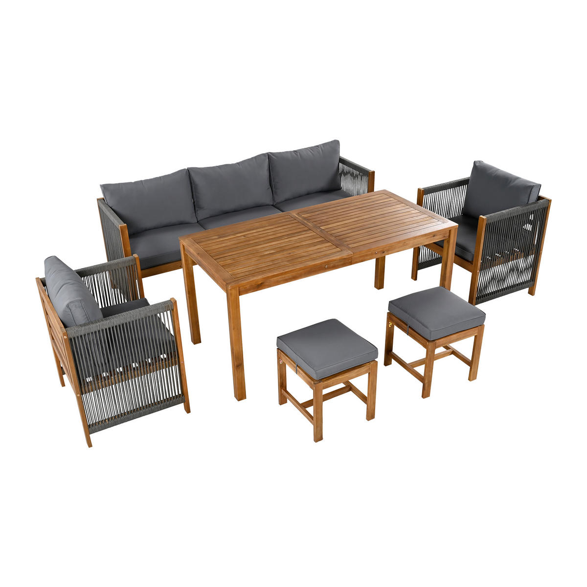 GARTENMÖBEL-SET 195/57/71 cm grau aus Akazienholz und Polyester für 7 Personen - Grau, Textil - OKWISH