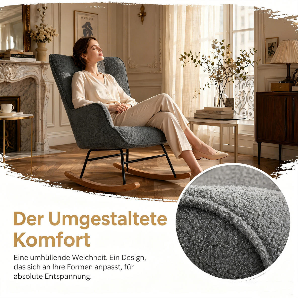 SCHAUKELSTUHL, Entspannend, Teddy-Velours, Belastbarkeit 120 kg, Dunkelgrau - Dunkelgrau/Kieferfarben, Holz/Textil (68/92/75cm) - GENKI LIVING