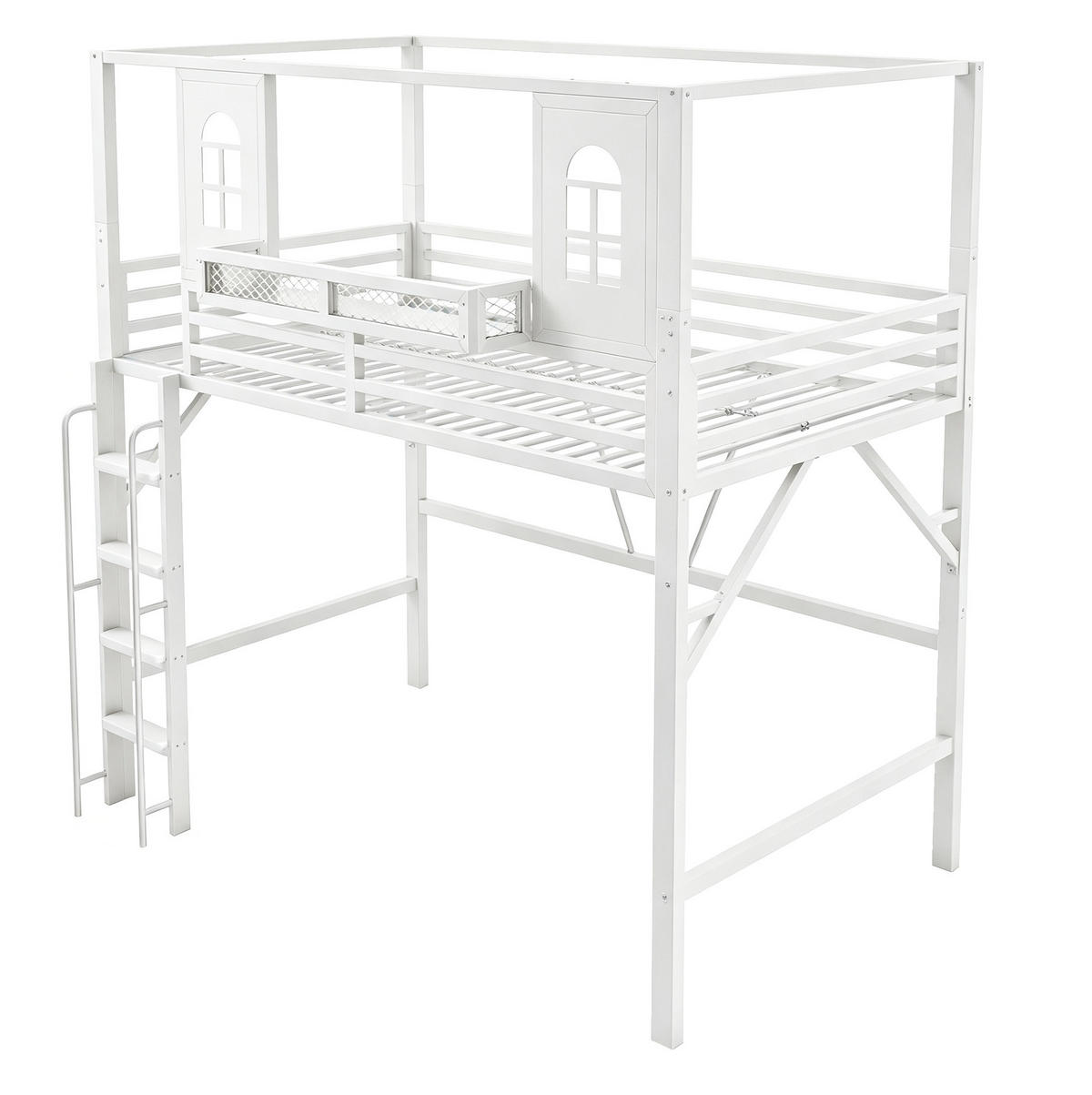 HOCHBETT aus Metall und MDF 90x200 cm Weiß mit Dachdesign, Leiter mit Handlauf und Ablagefach - Weiß, Metall (90/200cm) - Modfu