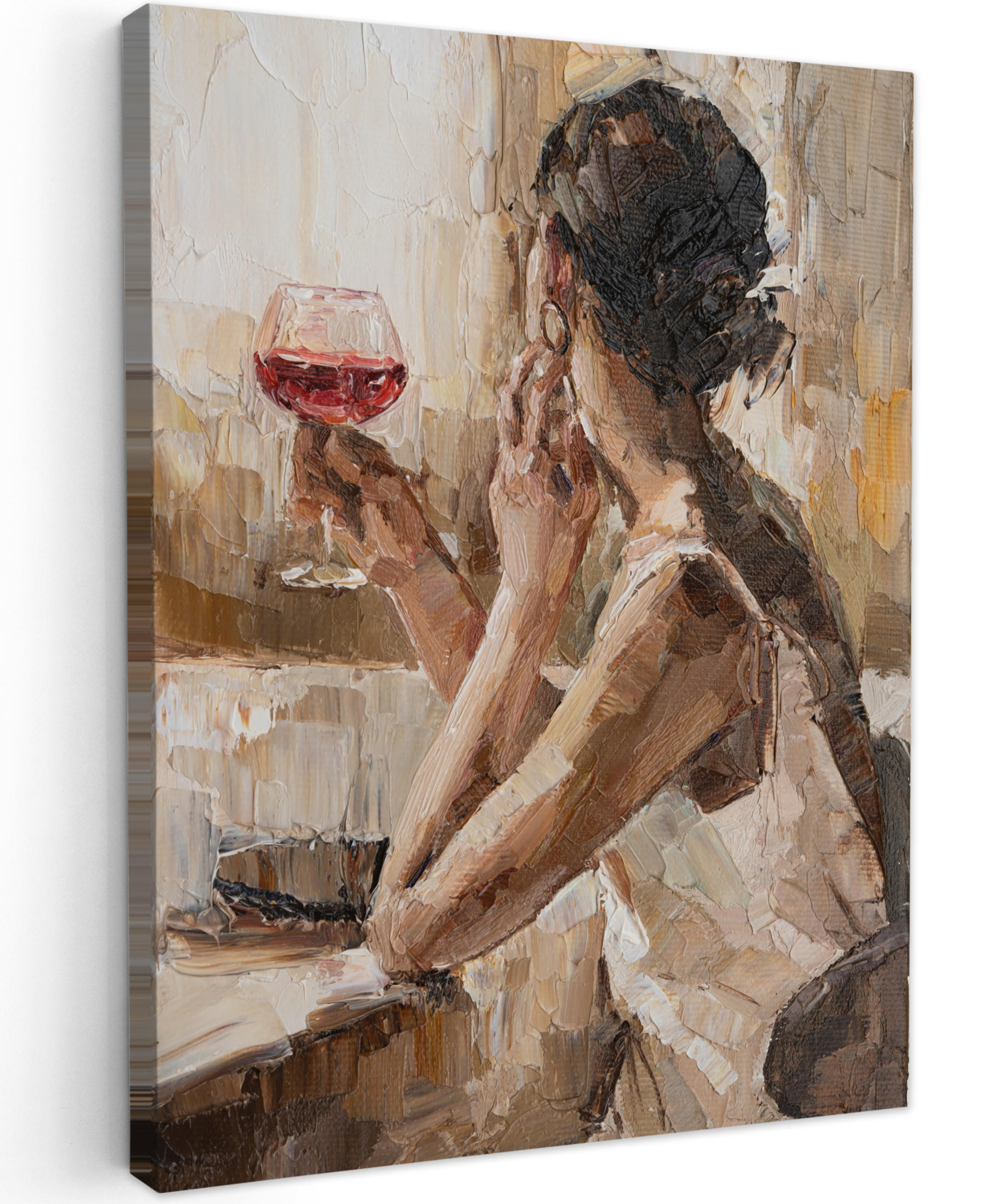 LEINWANDBILD Ölgemälde - Frau - Wein 30x40 cm - Hellbraun, Textil (30/40cm) - MuchoWow