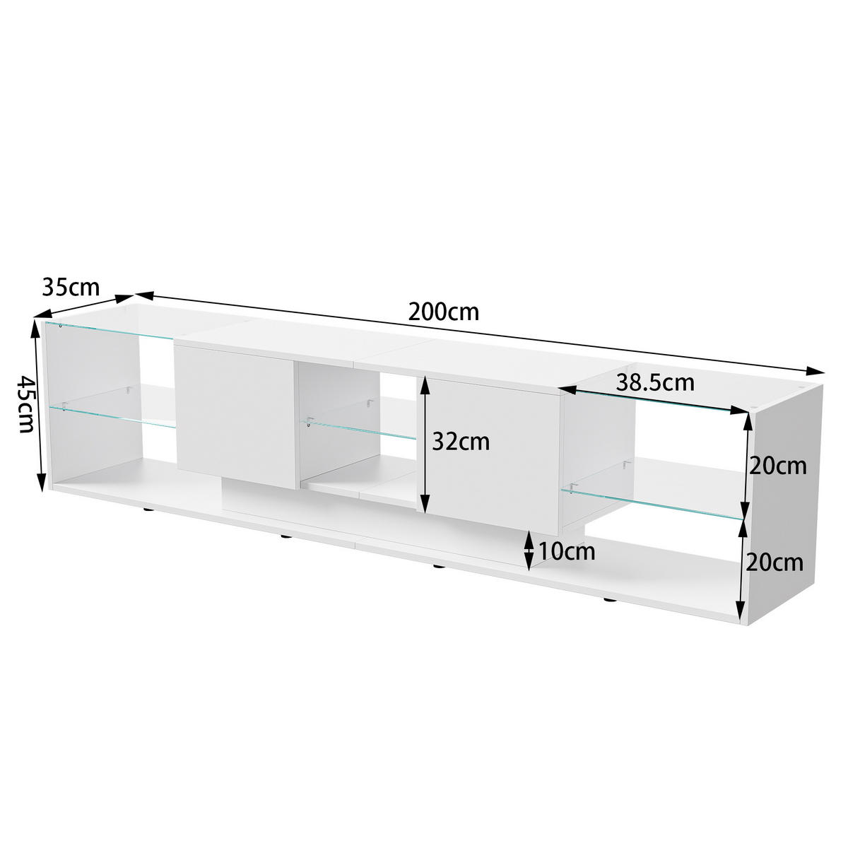 TV LOWBOARD 200x35x45 cm LED Glasablage 2 Schubladen weiß - Weiß, Holz (200/45/35cm) - LEBENLANG