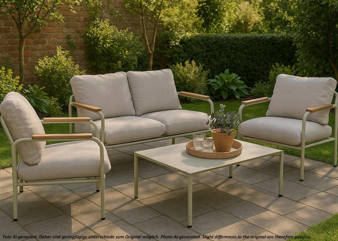 GARTENGARNITUR Hellgrün, Beige 1x 2-Sitzer Gartenbank, 2x Sessel und 1x Tisch-Set - Beige/Hellgrün, Metall - MCW
