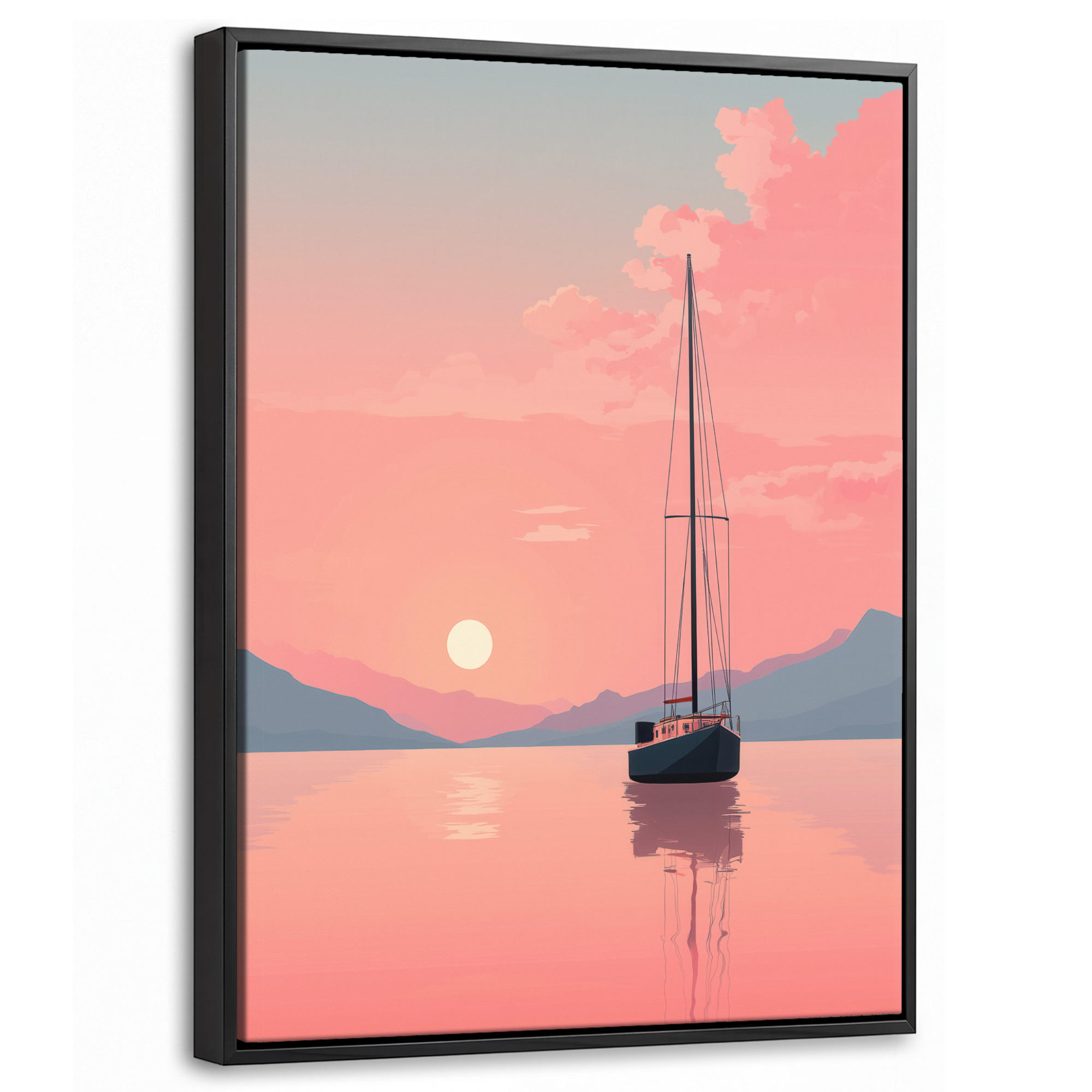 LEINWAND Bilder mit Rahmen - Segelboot - Rosa Meer - Sonnenuntergang - Berge - 30x40 - Rosa, Textil (30/40cm) - MuchoWow