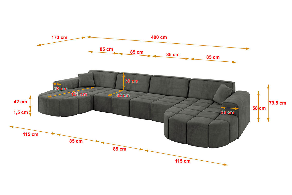 WOHNLANDSCHAFT LIVO-U2 - 400x173x79,5 cm Dunkelgrau - Dunkelgrau, Holzwerkstoff/Textil (400/79/173cm) - ALTDECOR