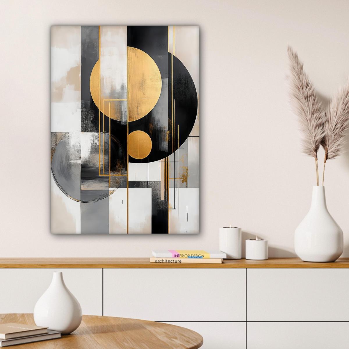 LEINWANDBILD Abstrakt - Gold - Silber - Formen - Ästhetisch - Modern Wandbild Wohnzimmer 60x80 cm - Goldfarben, Textil (60/80cm) - MuchoWow