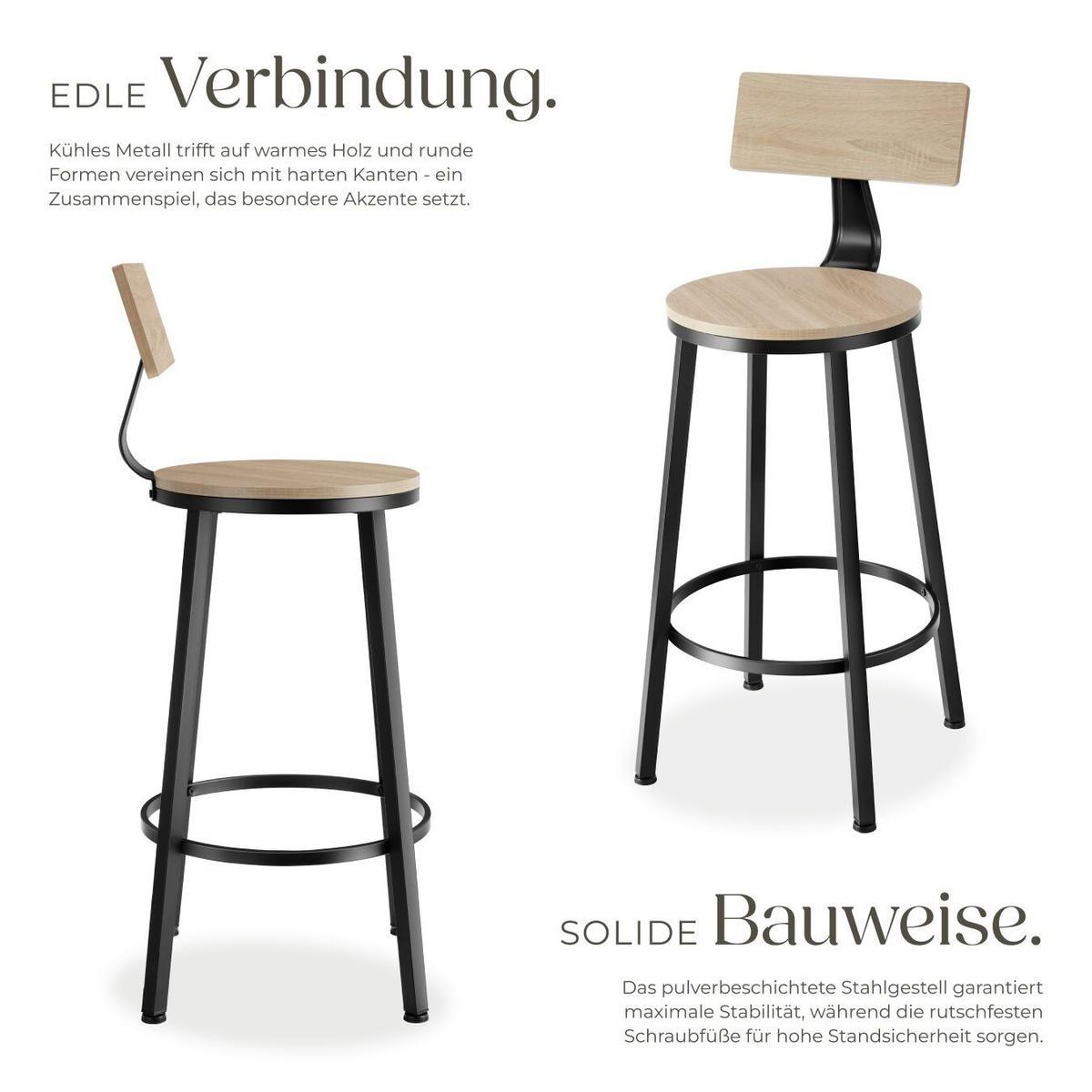 BARHOCKER 2er Set Poole,Sitzhöhe 74 cm,Industrial Holz hell - Naturfarben, Holzwerkstoff/Textil (46.5/104/46.5cm) - tectake