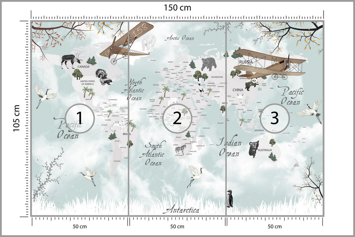 FOTOTAPETE für Kinderzimmer Weltkarte Tiere Flugzeuge Pflanzen 150x105 - Blau/Beige, Papier (150/105cm) - Muralo