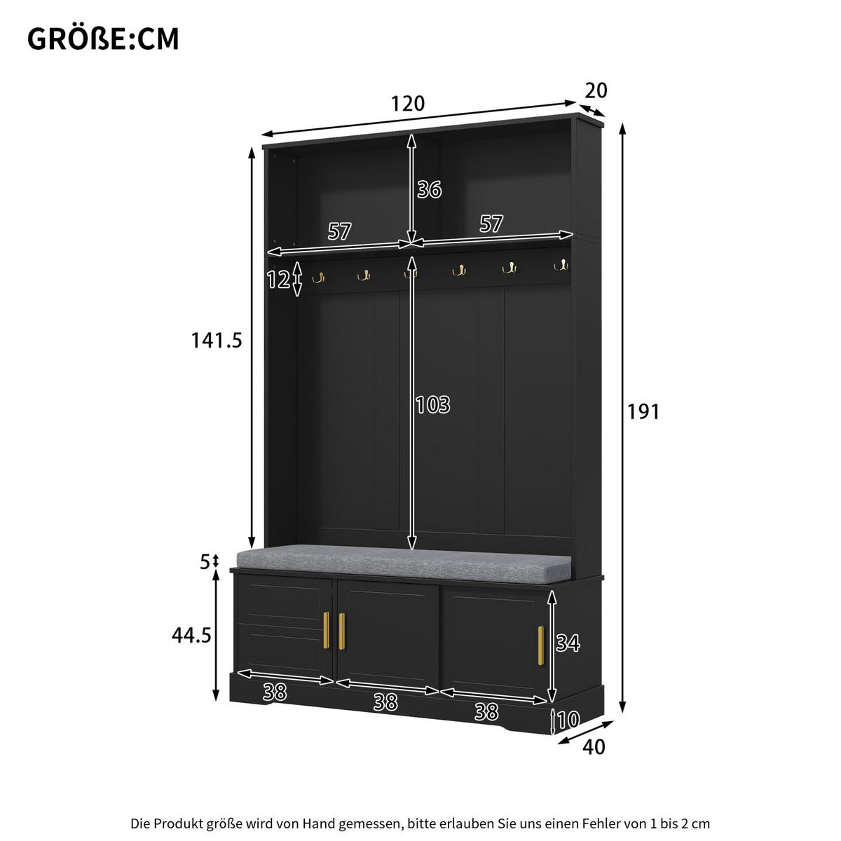 GARDEROBE 120/40/191 cm schwarz aus Spanplatte mit Sitzbank, Schuhregal und 6 Haken - Schwarz, Holzwerkstoff (120/191/40cm) - OKWISH