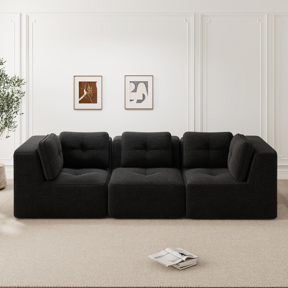 SOFA 297/104/69 cm in Schwarz aus Cord mit modularen Elementen - Schwarz, Textil (104/69/297cm) - Flora Grace