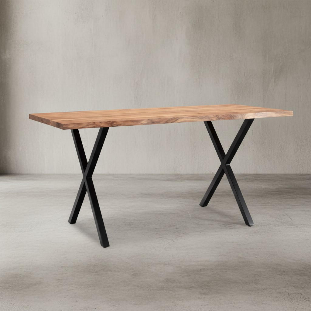SCHREIBTISCH Massivholz X-Gestell Baumkante Handgefertigt KRETA, Goldbraun-Schwarz 180x90x76 cm - Schwarz/Braun, Holz/Metall (90/180/76cm) - KADIMA DESIGN