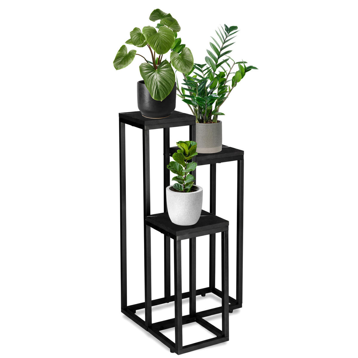 BLUMENSTÄNDER mit 3 Ablagen - Schwarz Hochglanz, Metall (34/34/67cm) - Mat-Haus