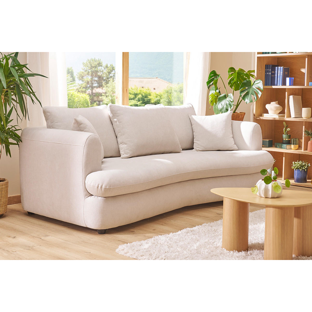 SCHLAFSOFA 3-4 Sitzer Hellbeiger Stoff Samteffekt Abziehbarer Bezug SACHA - Beige, Textil (114/83/219cm) - Miliboo