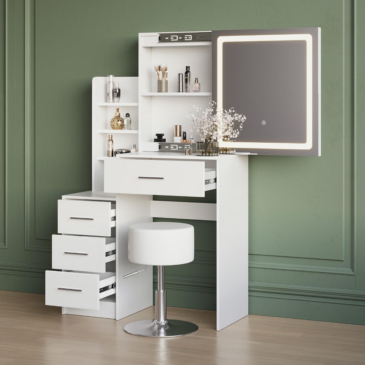 SCHMINKTISCH Monza Weiß mit LED-Spiegel und Hocker - Weiß, Holzwerkstoff (80/131.6/36cm) - Livinity®