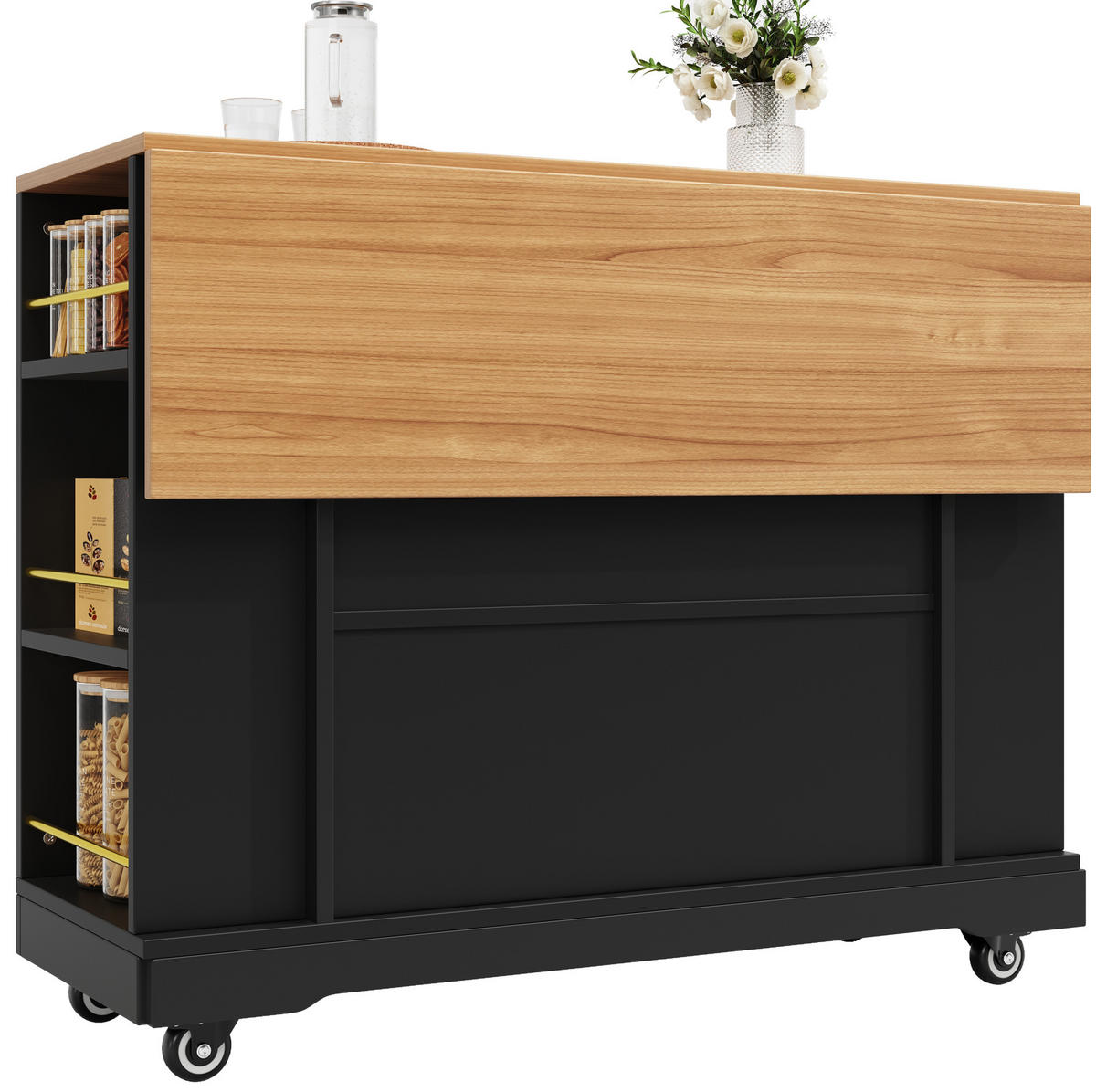 KUHINJSKI otok 120/40/65/90 cm crni, MDF, s prostorom za pohranu i sklopivom pločom - crna, drvni materijal (120/90/40cm) - BEAOK