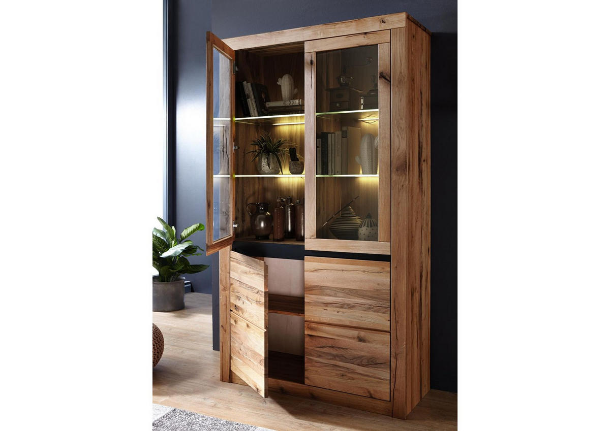 VITRINE Wild-/Zerreiche 105x42x190 natur geölt MONTREUX #101 - Braun, Holz (105/190/42cm) - Massivmoebel24