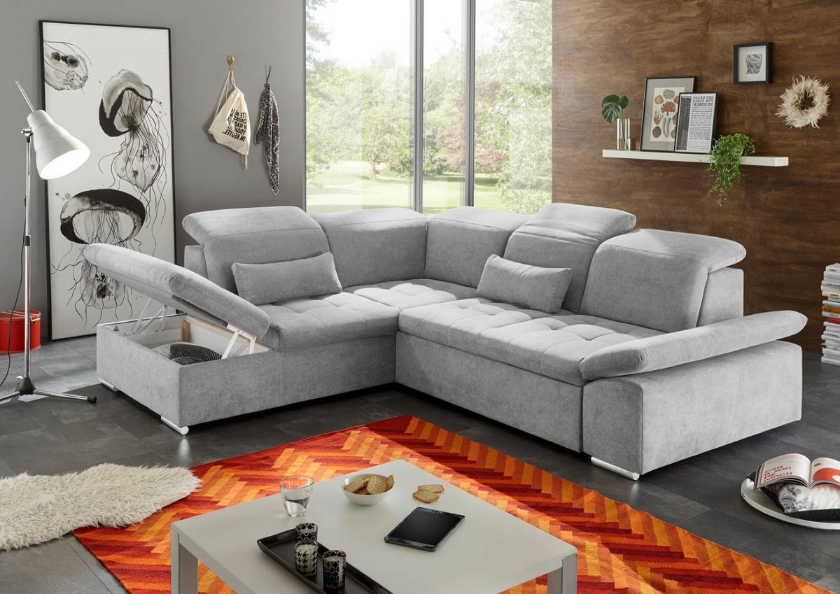ECKSOFA mit Schlaffunktion mit Bettkasten und verstellbaren Kopf- und Rückenlehnen - Chromfarben/Silberfarben, Textil (276/240cm) - ed exciting design