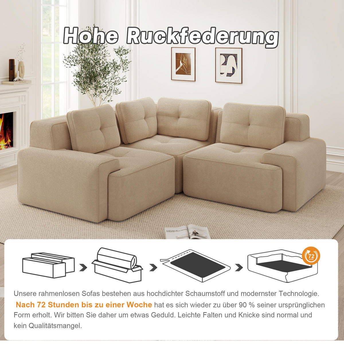 ECKSOFA aus Cord mit modularem Design Beige - Beige, Textil (104/177cm) - Modenvie