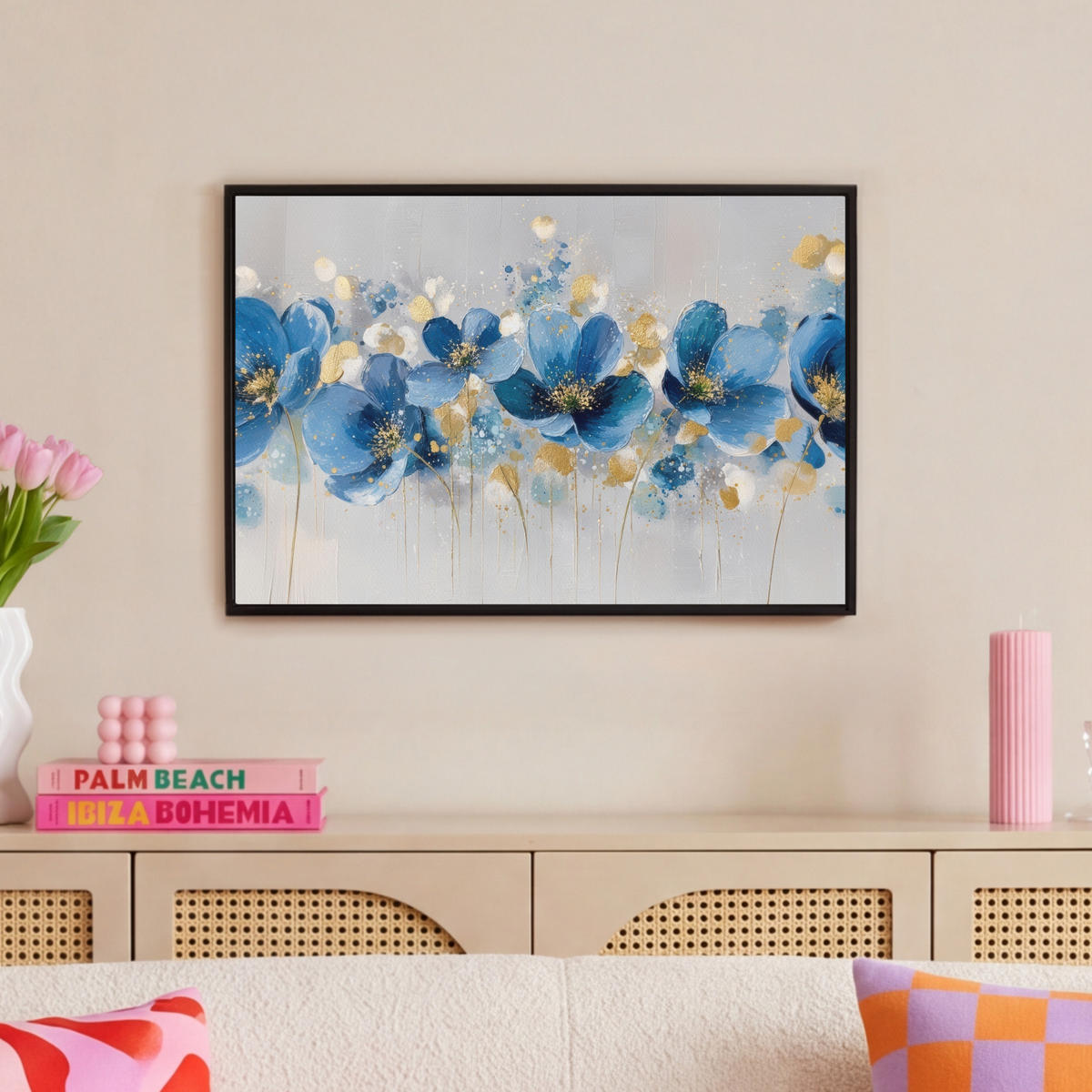 LEINWAND Bilder mit Rahmen - Blumen - Blau - Abstrakt - 60x40 - Hellgrau, Textil (60/40cm) - MuchoWow