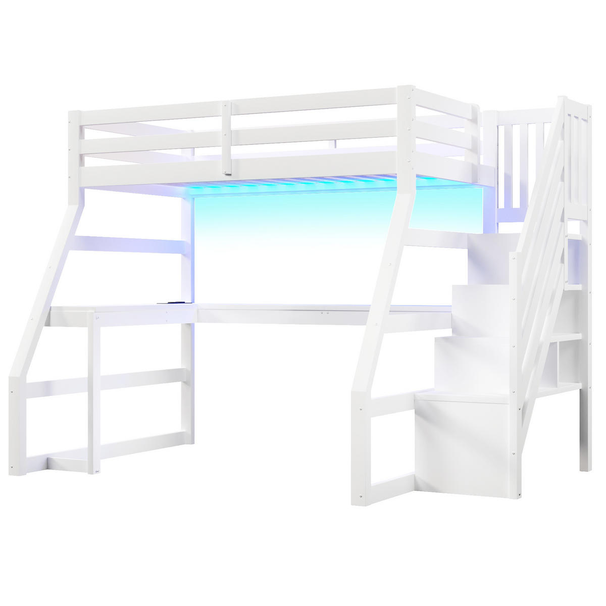 HOCHBETT 90/200 cm, Weiß mit L-förmigem Schreibtisch, LED und Stauraumtreppe - Weiß, Holz (90/200cm) - MIVRAY