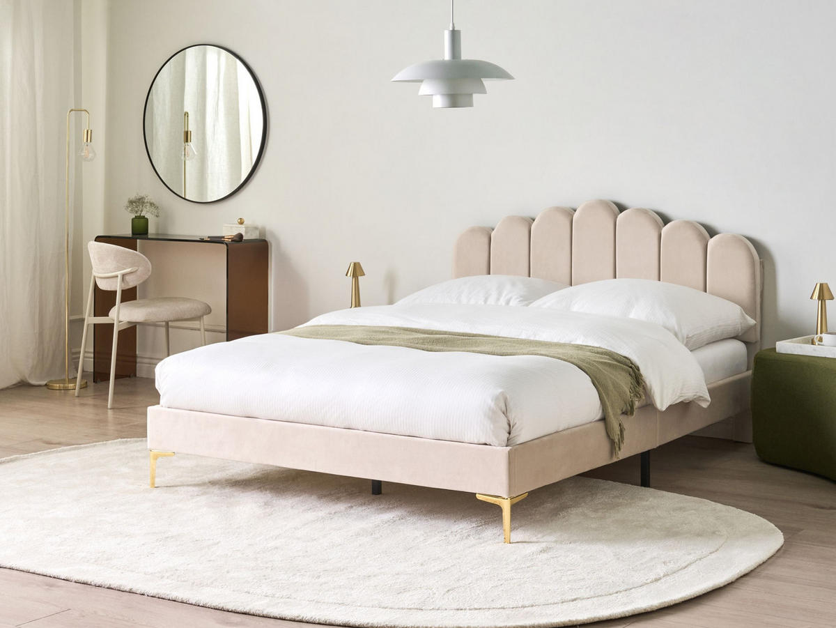 POSTEL s roštem 140/200 cm Sametová látka Béžová Sauvian - béžová, textil (140/200cm) - Beliani