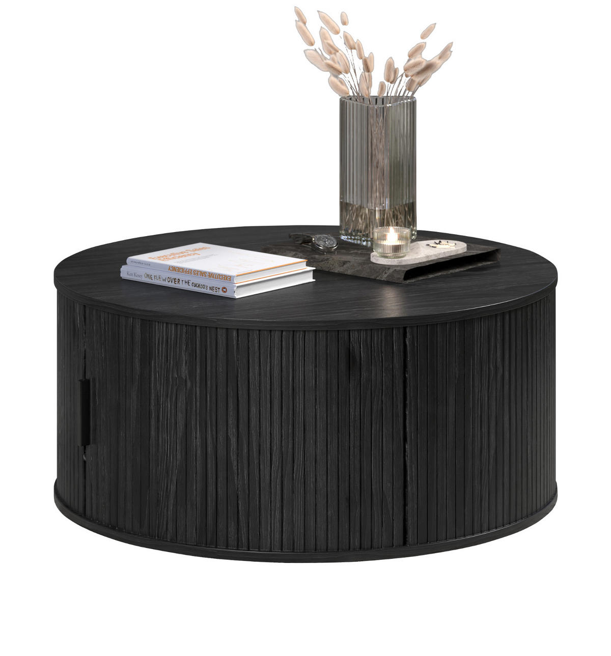 COUCHTISCH Esche schwarz rund 80 cm, Beistelltisch mit Stauraum - Schwarz, Holzwerkstoff/Kunststoff (80/80/36cm) - Top.Furn