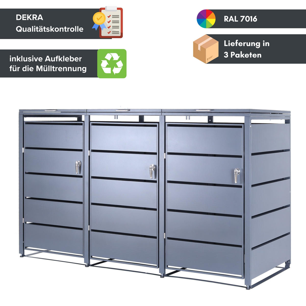 MÜLLTONNENBOX 3er - Anthrazit, Metall (196/116/80cm)