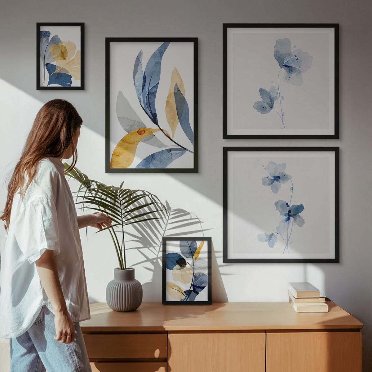 BILDER SET 5er Set - 50x50 cm & 20x30 cm & 40x60 cm Schwarzer Rahmen - Aquarell-Pflanzenmotive - Schwarz, Kunststoff (40/60cm) - TULUP