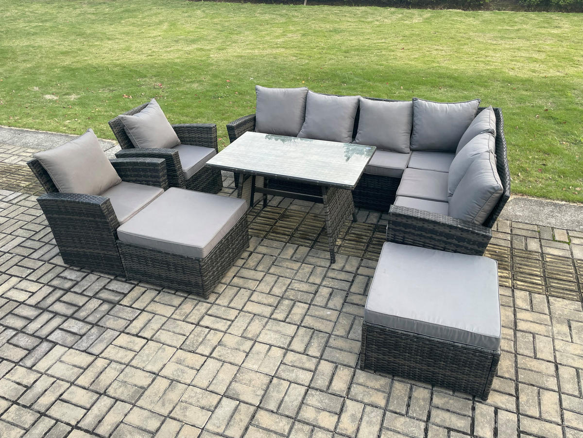 LOUNGEMÖBEL-SETS mit Esstisch Sofa Polyrattan Dunkelgrau 10-Sitzer - Dunkelgrau/Grau, Glas/Kunststoff - Fimous
