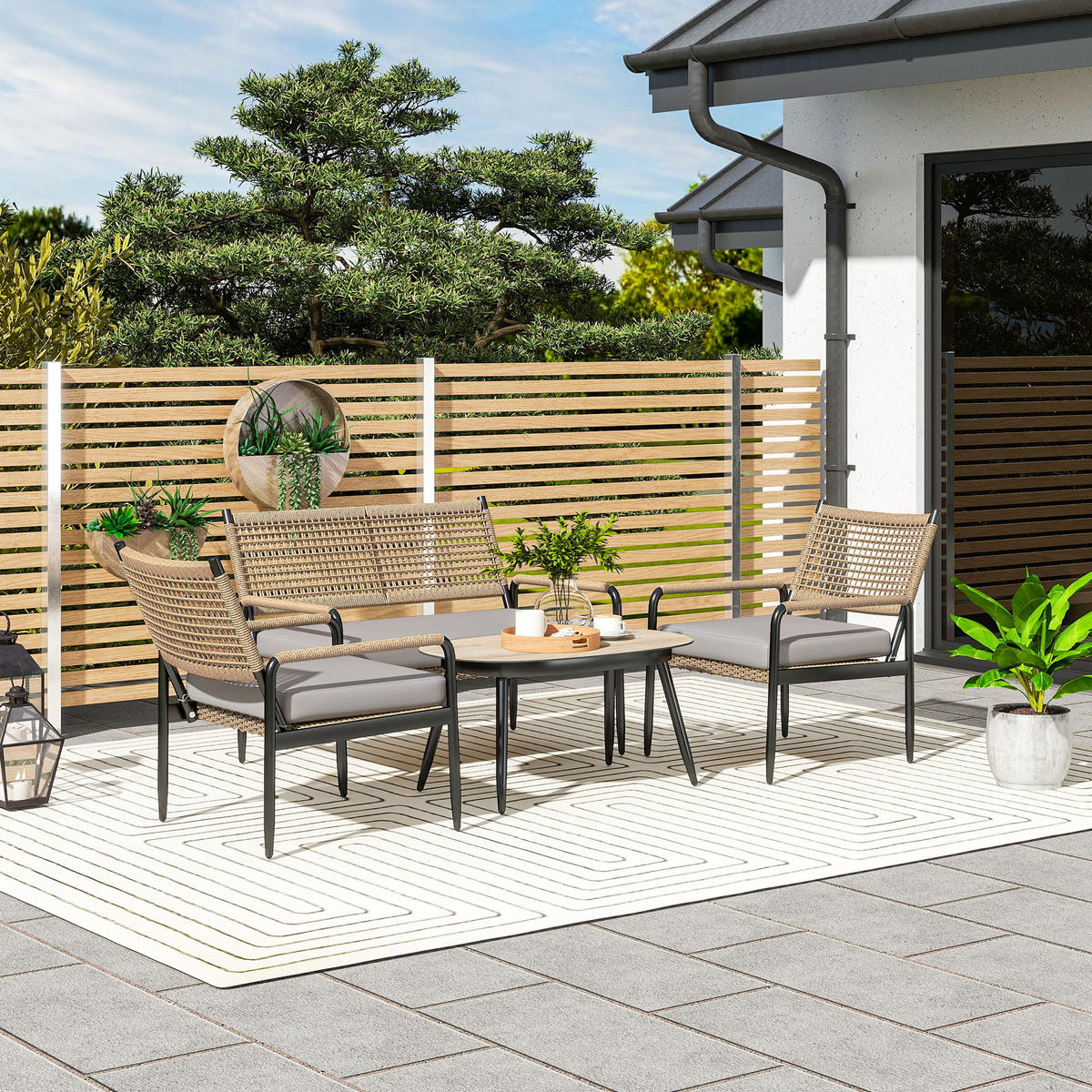GARTENMÖBEL LOUNGE-SET DE-06737 4-teilig mit Glastisch Dunkelgrau/Gelb - Dunkelgrau, Kunststoff/Metall - ComfortXL