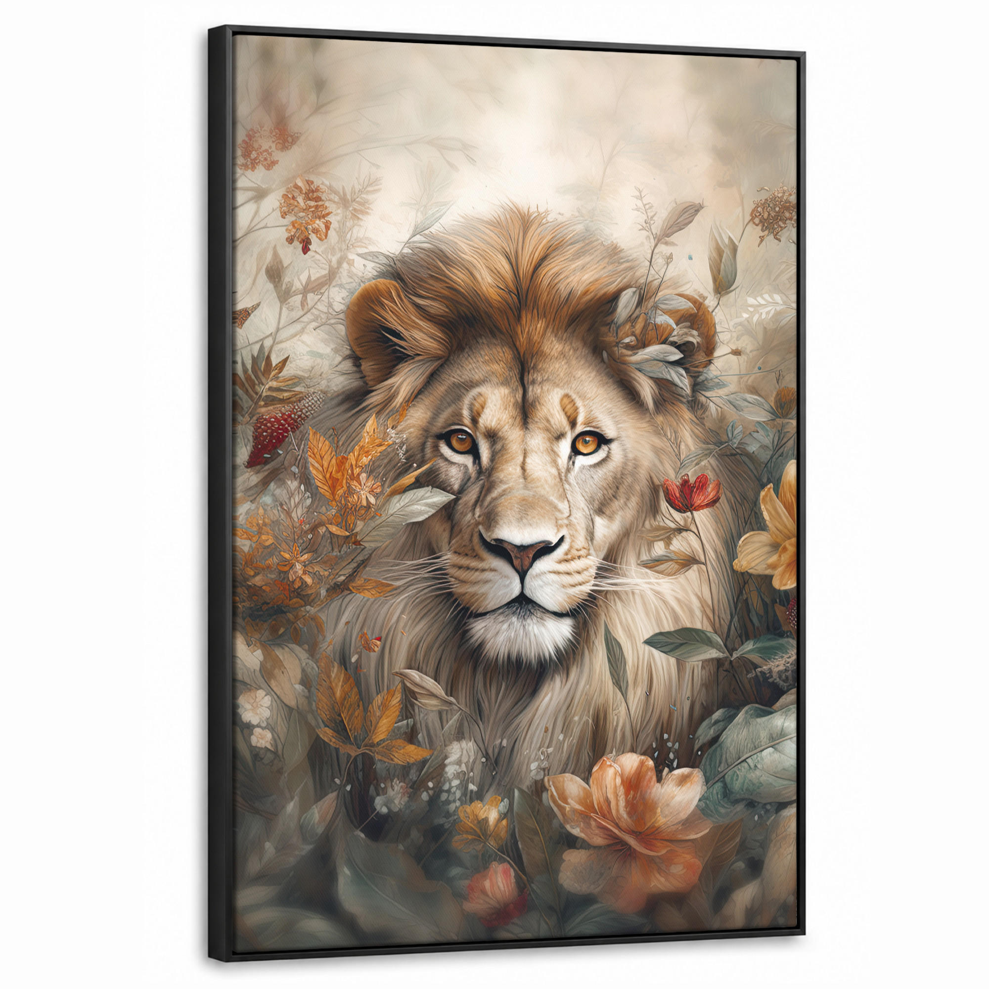 LEINWAND Bilder mit Rahmen - Löwe - Wildtiere - Pflanzen - Natur - Blumen - 60x90 - Beige, Textil (60/90cm) - MuchoWow