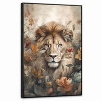 LEINWAND Bilder mit Rahmen - Löwe - Wildtiere - Pflanzen - Natur - Blumen - 60x90 - Beige, Textil (60/90cm) - MuchoWow